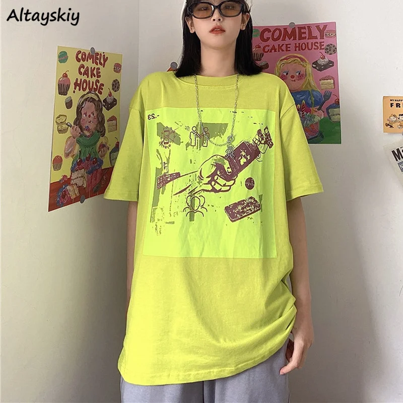 

Women Short Sleeve T-shirts Print Harajuku Bf Style Ulzzang Teens Retro Fashion Leisure Chic Hipsters O-neck Simple All-match