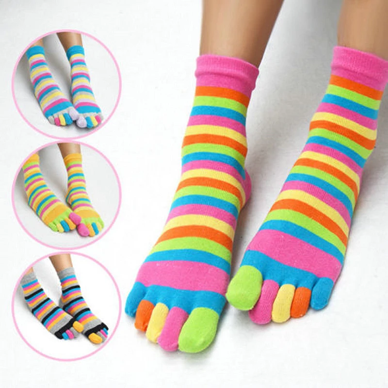 Women Fashion Colorful Five Fingers Socks Autumn Winter Fashion Striped Printed Separated Toes Socks Cotton Medium Tube Socks
