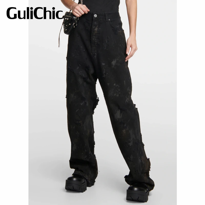 

6.14 GuliChic Women Street Washed Denim Ripped Hole Frayed Straight Jeans