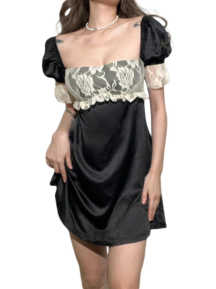 

Y2K Lace Flower Dress Black Short Sleeve Mini Dress Square Collar Vintage Sweet High Waist Party Dress Women Elegant Clothes