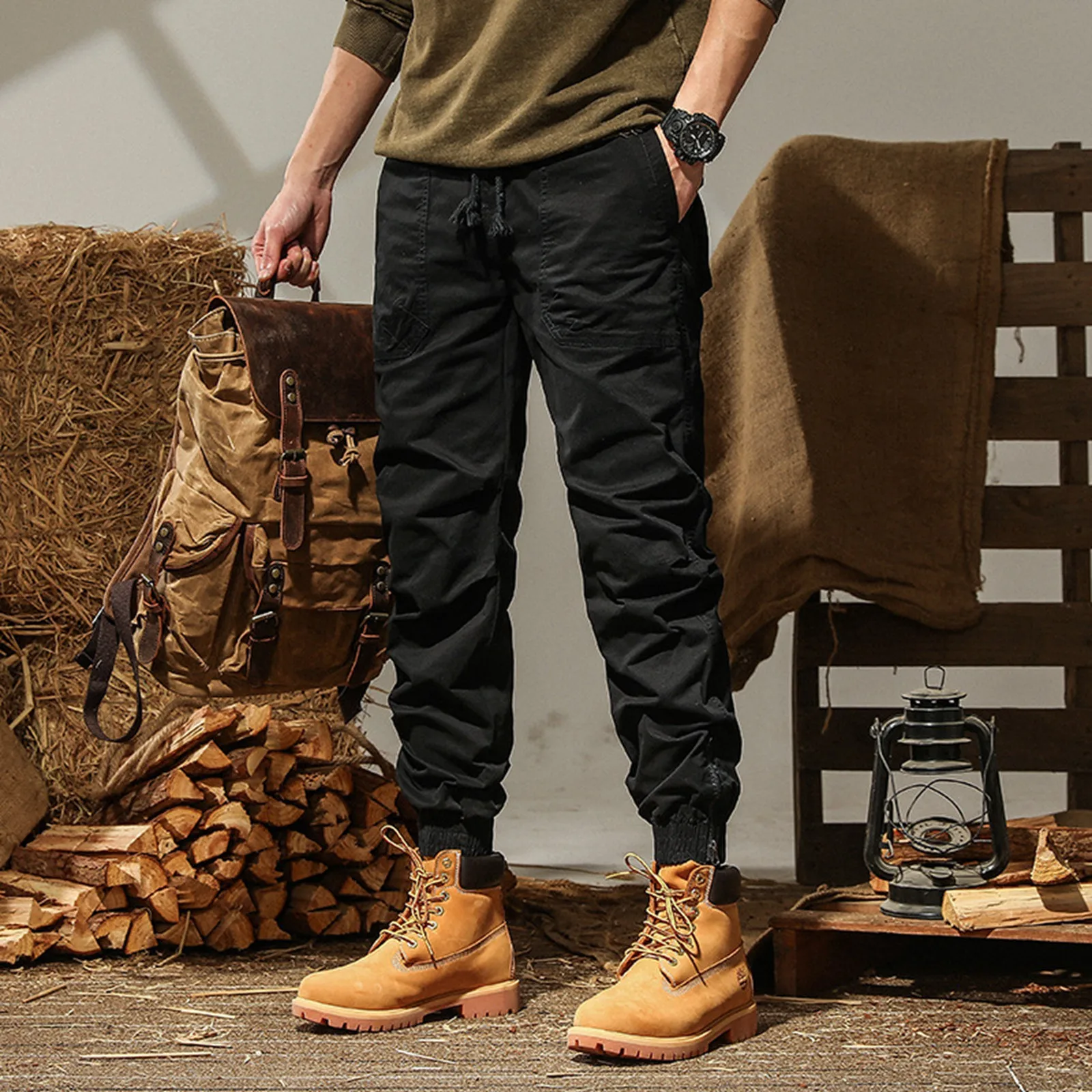 

Men's Spring And Autumn Wash Vintage Multi Pocket Casual Pants With Tie Feet Zipper Workwear Pants Sports Glitter Foam Star