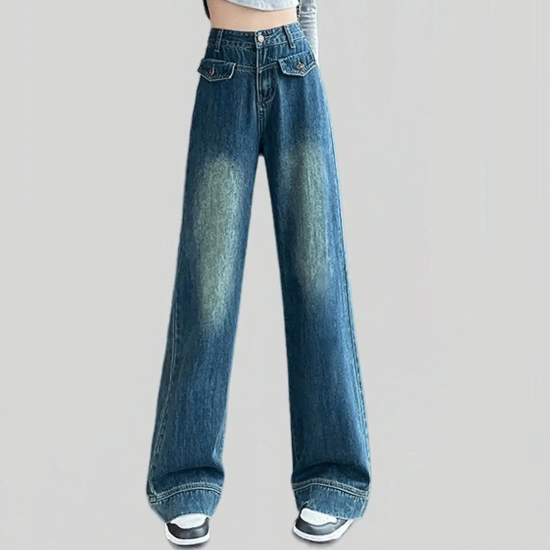 

Vintage Blue Pocket Detail Wide Leg Women's Jeans Non-Stretch Cotton Straight Leg Jeans