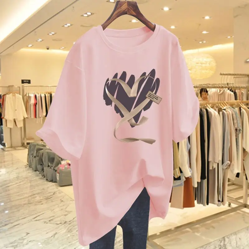 

Summer 2023 New T-shirt Women's Pure Cotton Short Sleeve Loose Medium Length Pullover Graphic Printing Fashion Casual Tops
