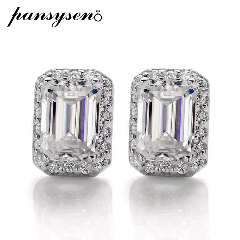 

PANSYSEN Sparkling Solid 925 Sterling Silver 1 Carat Emerald Cut Real Moissanite Stud Earrings for Women Luxury Wedding Jewelry