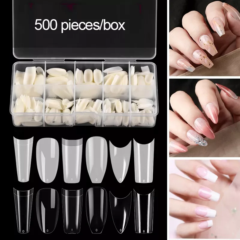 

PinPai 500PCS/Box Clear Natural Artificial Fake Nail Tips Full Half Cover French False Nails Mixed Sizes Extension Long Tips