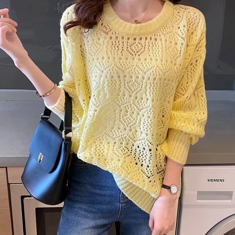 

Casual O Neck Knitwear Hollow Out Sweater Women Loose Spring Autumn 2022 Pullover Tops Jumper Sunscreen Blouse New Clothes 24014