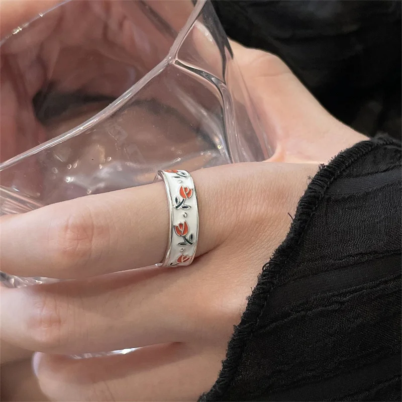 Vintage Enamel Tulip Flower Rings For Women Fashion Simple Sliver Color Adjustable Daisy Finger Ring Party Weeding Fine Jewelry