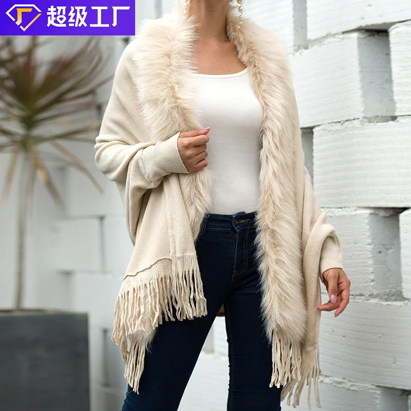 Autumn Winter Women Clothes Tassel Cape Shawl Wool Collar Cape Solid Color Cardigan Hot Sale Women Clothes Outwear