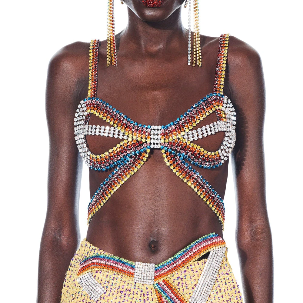 

Роскошный женский бюстгальтер на бретельках с бантом, модная суперъяркая цепочка для тела с кристаллами, сексуальные ювелирные аксессуары