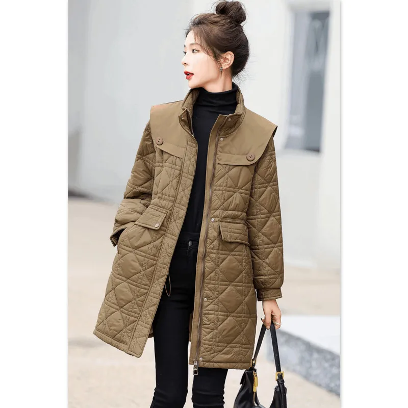 

Женское пуховое пальто из хлопка, осенне-зимнее пальто средней длины, роскошный дизайн, пальто из хлопка с кольцом, модное уличное теплое удобное пальто
