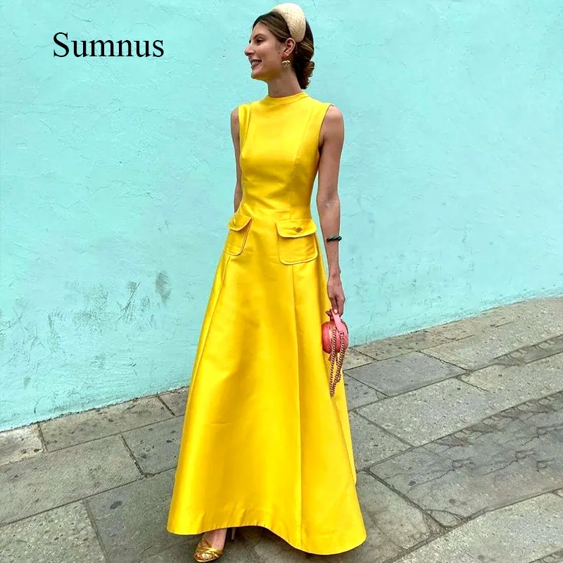 

Sunmus Yellow Satin Evening Dress O Neck Sleeveless With Pocket Prom Dresses Floor Length Evening Party Gowns Elegant Women