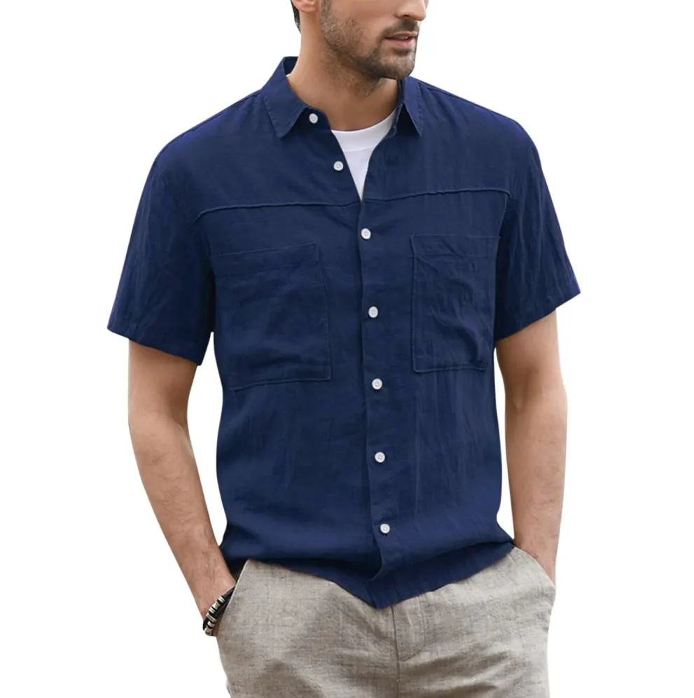 2022 Summer New Fashion Casual Button-Up Men Shirt Cotton Linen Short Sleeve Two Pocket Wide Collar Tops Men Clothing Streetwear