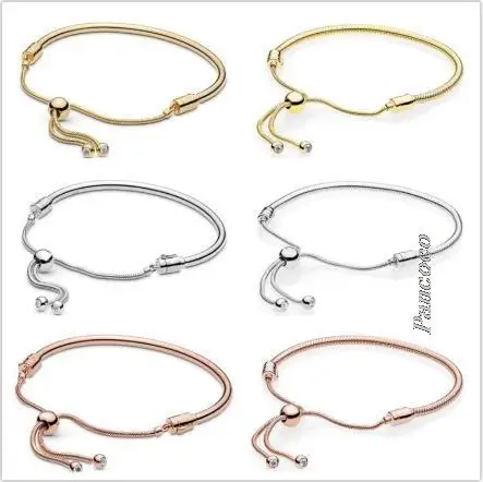 

Authentic 925 Sterling Silver Rose Gold Moments Sliding Clasp Adjust Bangle Bracelet Fit Women Bead Charm Fashion Jewelry