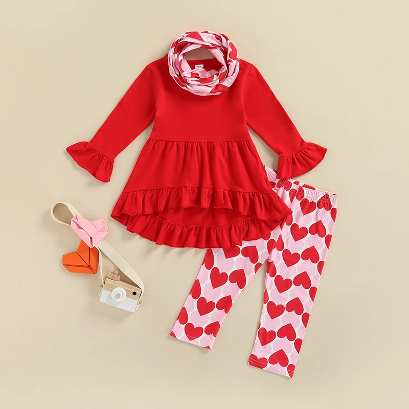 

Valentines Outfit Girls Suit 1-6Y Flared Long Sleeve Round Neck Ruffle Hem Dress Tops Heart Print Pants Circle Scarf Clothes