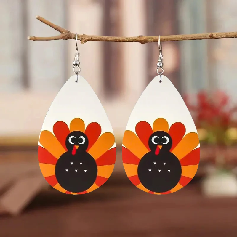 

1Pair Bohemian Fashion Style PU Leather Droplet Earrings with Turkey Print for Men and Women's Daily Wear Ear Jewelry Creative P