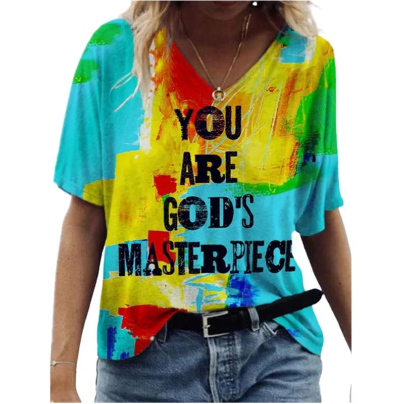 

Summer Fashion Women T Shirt Colorful Letter Print Tops Tee Ladies V-Neck Short Sleeve Plus Size S-3XL Loose T Shirt Female Tops