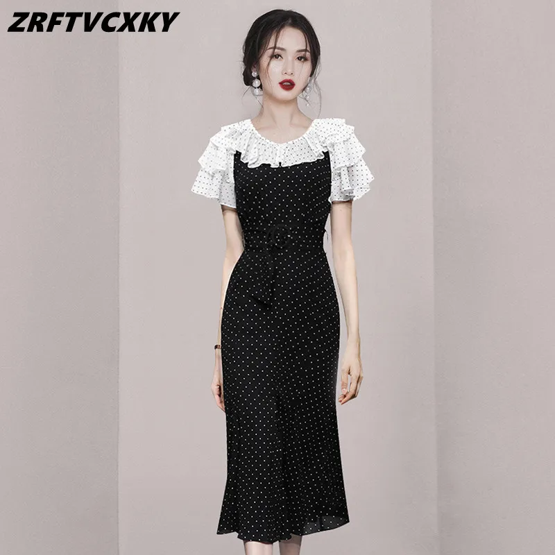 

Женское летнее винтажное платье в горошек, элегантное модное лоскутное повседневное офисное платье с оборками и юбкой-годе на шнуровке