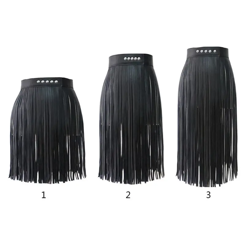 Women Cosplay High Waist Faux Leather Fringe Tassels Skirt Costumes Props with Snap Buttons Halloween Party Punk Rock  Clubwear