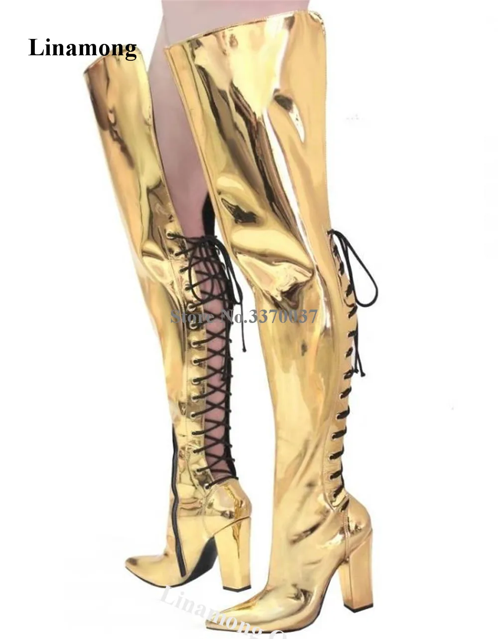 Linamong Women Fashion Gold Patent Leather Loose Over Knee Chunky Heel Boots Pointed Toe Back Open Cut-out Thick Heel Long Boots