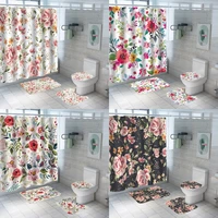 watercolor flower plant shower curtain sets spring floral leaf bathroom curtains non slip bath mat pedestal rug lid toilet cover