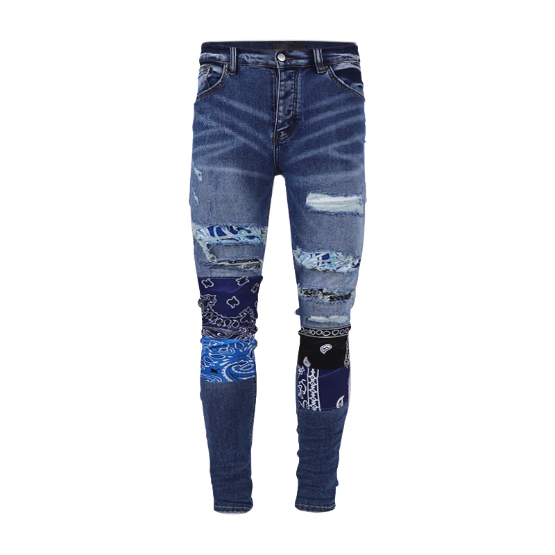 

2022AM Fashion Blue Holes Printed Sticking Patched Men's Jeans High Street Jeans For Men Slim Ripped Patches Male Denim Pants