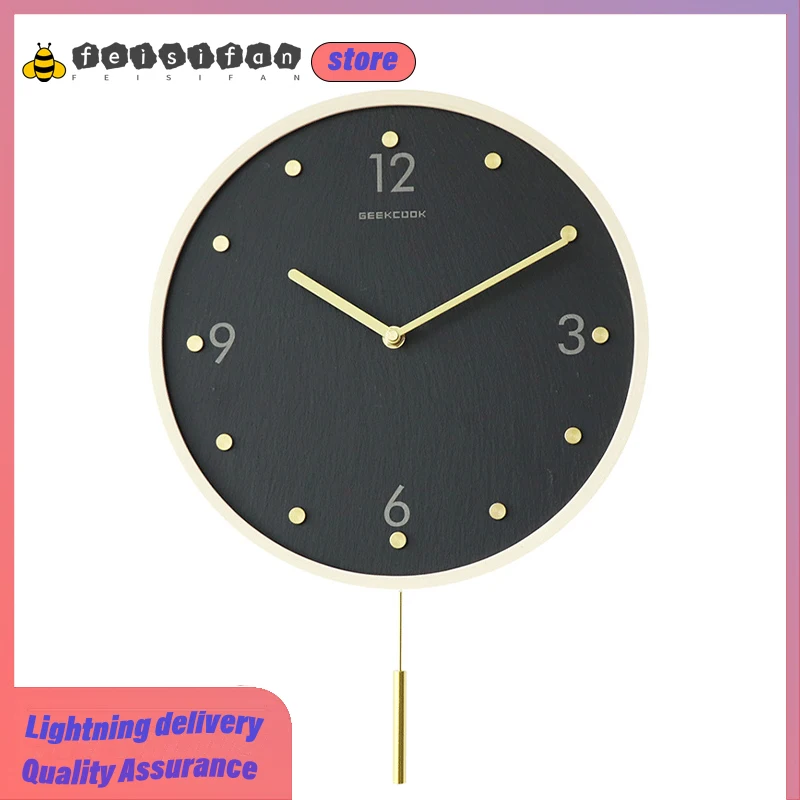 

12 Inch Simple European High Quality Wall Clock Quartz Round Marble Wooden Swing Wall Clock Modern Design Room Decoration Art