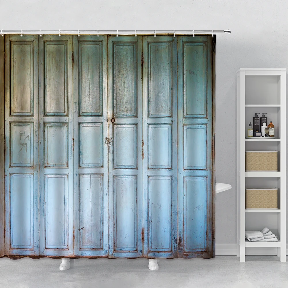 

Wooden Garage Barn Door Shower Curtain Wood Plank Retro Rustic Farmhouse Hooks Bathroom Decor Fabric Bath Curtain Polyester