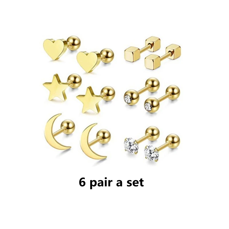 

Gold Color 6pc A Set The Zircon With 316L Stainless Steel Screw-Back Stud Earrings The Bar IP Plating No Easy Fade Allergy Free