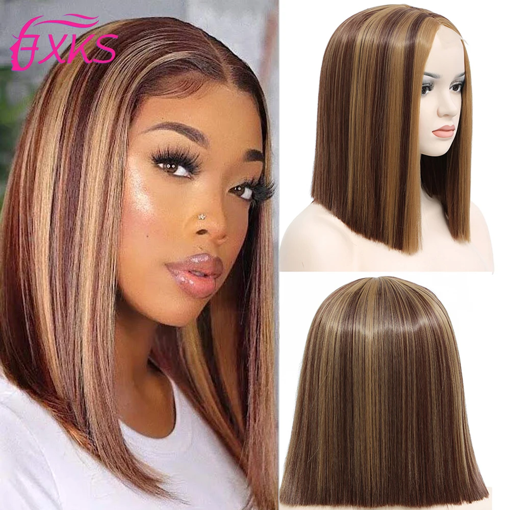 Highlight Brown Straight Synthetic Lace Closure Wigs Gray 613 Natural Color Synthetic Hair Lace Short Bob Wigs 14Inch FXKS