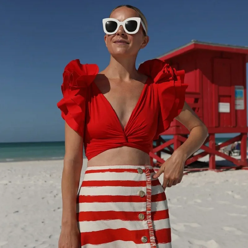 

Red Ruffles Top Sexy Crop Top Fashion Woman Blouses Plus Size Clothes For Women Woman Clothes Red Summer Clothes For Women