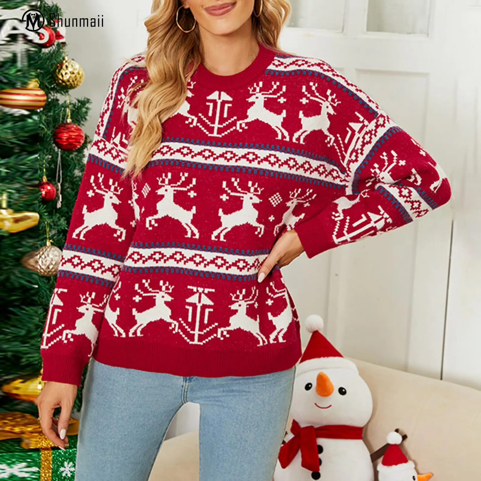 

Женский вязаный топ, свитер, вязаный крючком пуловер в рождественском стиле с принтом лося, повседневный вырез с круглым вырезом, облегающий универсальный наряд для отпуска