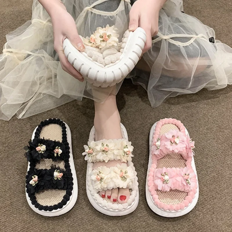 Women Thick-soled Flower Decor Sandals Summer Leisure Open Toe Sweet Lovely Outdoor Beach Slides Platform Soft Comfy Linen Shoes
