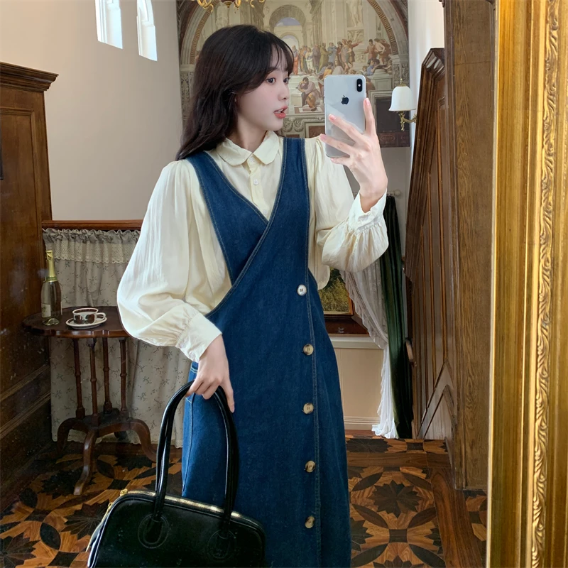 Loose jeans women's spring dress dark blue new Korean version cat sauce purple large size  fat denim belt dress S-5XL200jin