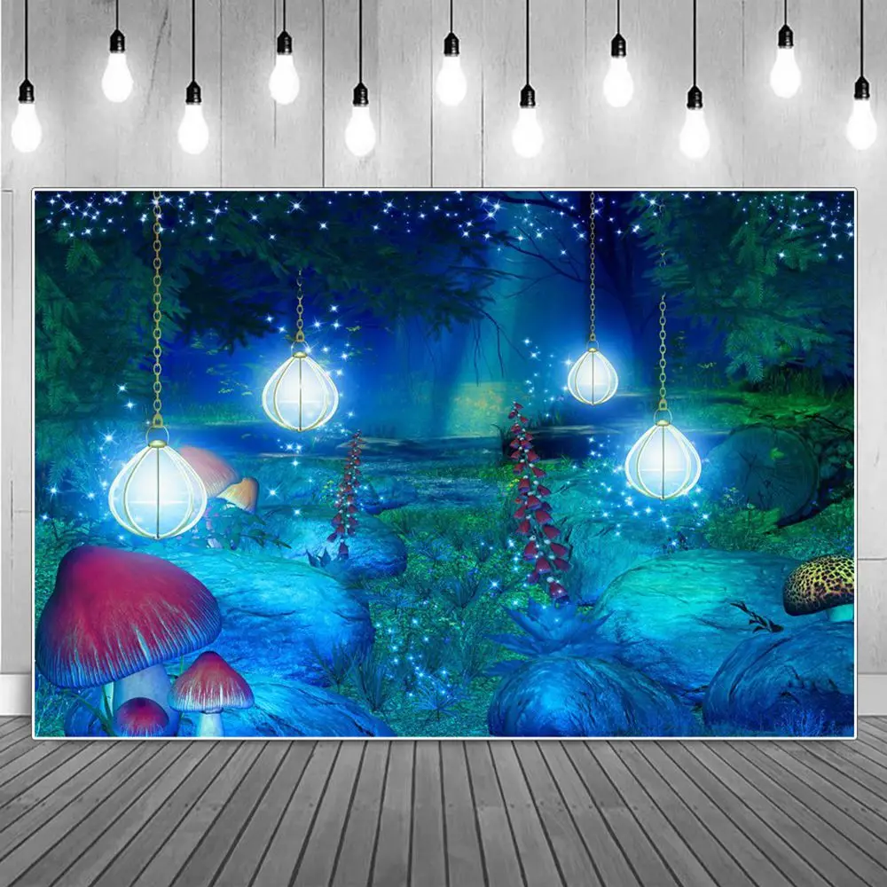 

Fairy Tale Forest Lights Photography Backgrounds Enchanted Magic Stars Mushroom Trees Kids Backdrop Photographic Portrait Props
