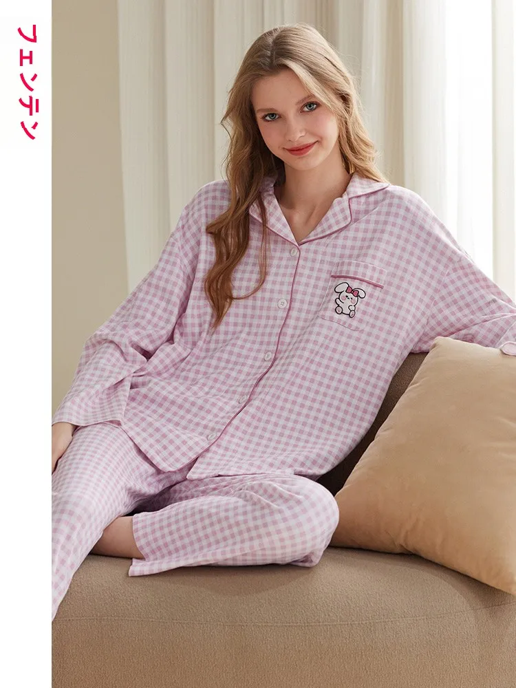 Finteng Cotton Pajamas Women Spring and Autumn Long sleeve Lapel Cardigan Plaid Casual Can Be Worn outside Homewear Set