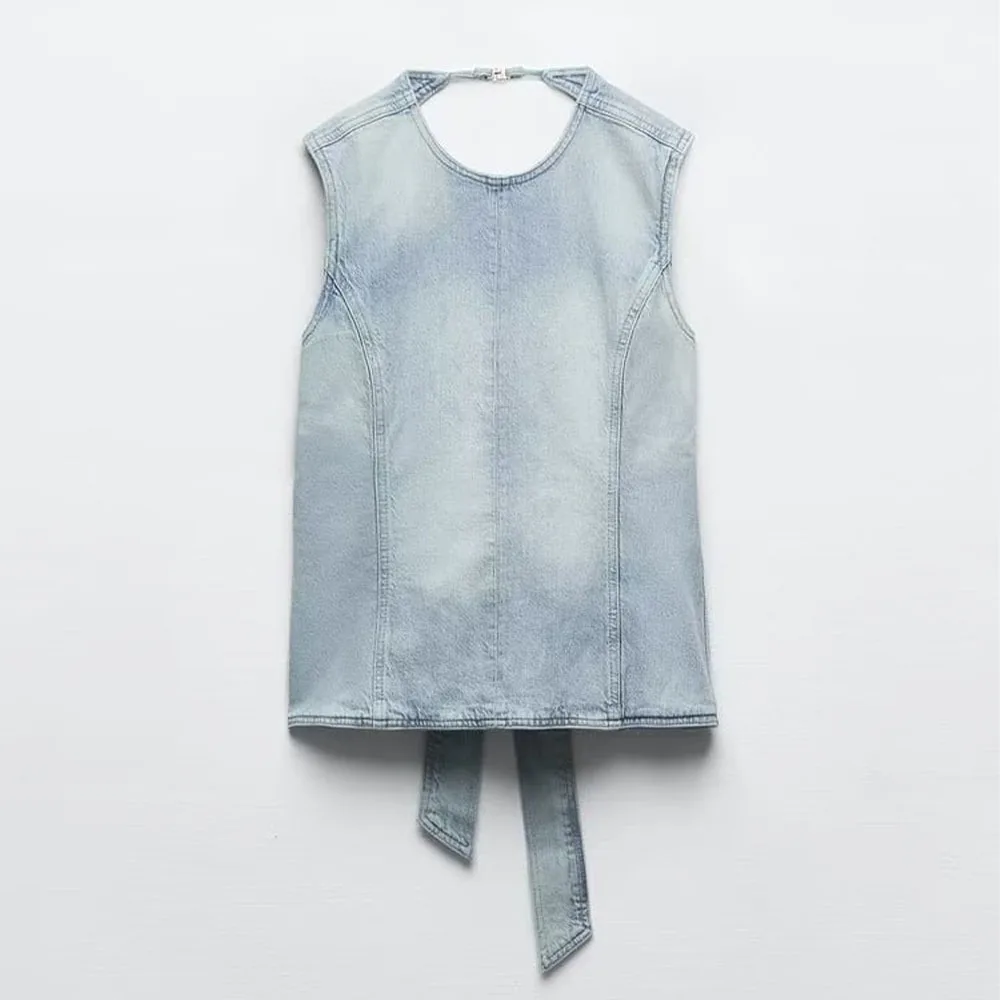 

Summer new fashion women's retro sexy all-match round neck hanging neck leak bow decoration denim vest top