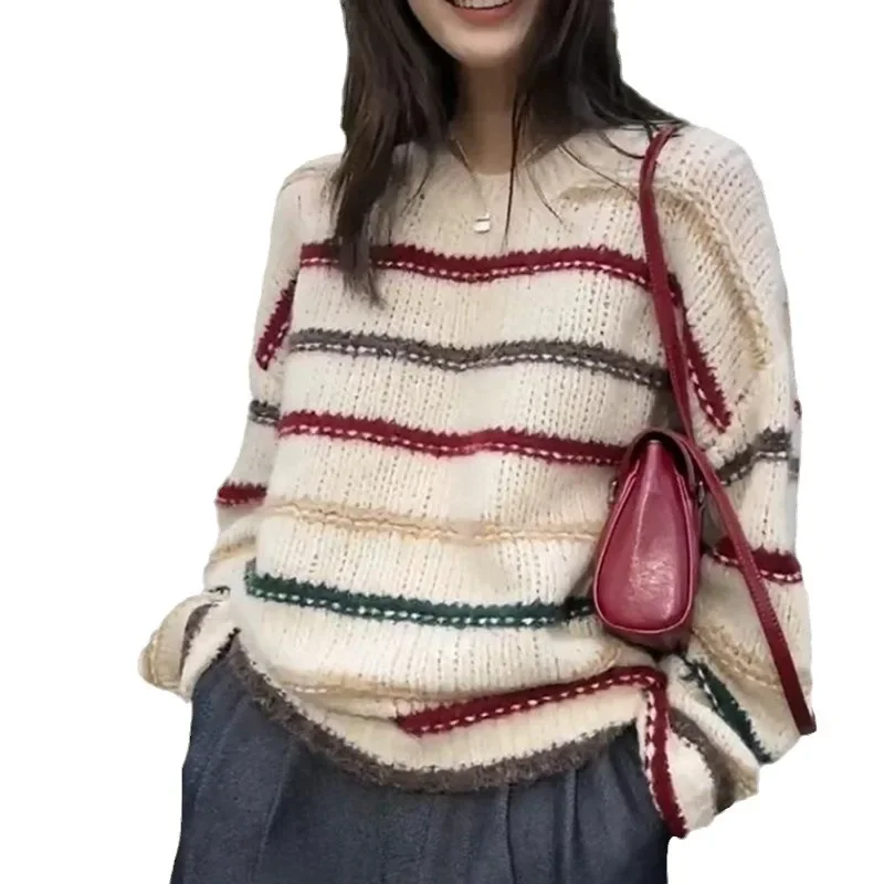 Женский мягкий теплый свитер в полоску винтажный Вязаный топ с коротким рукавом