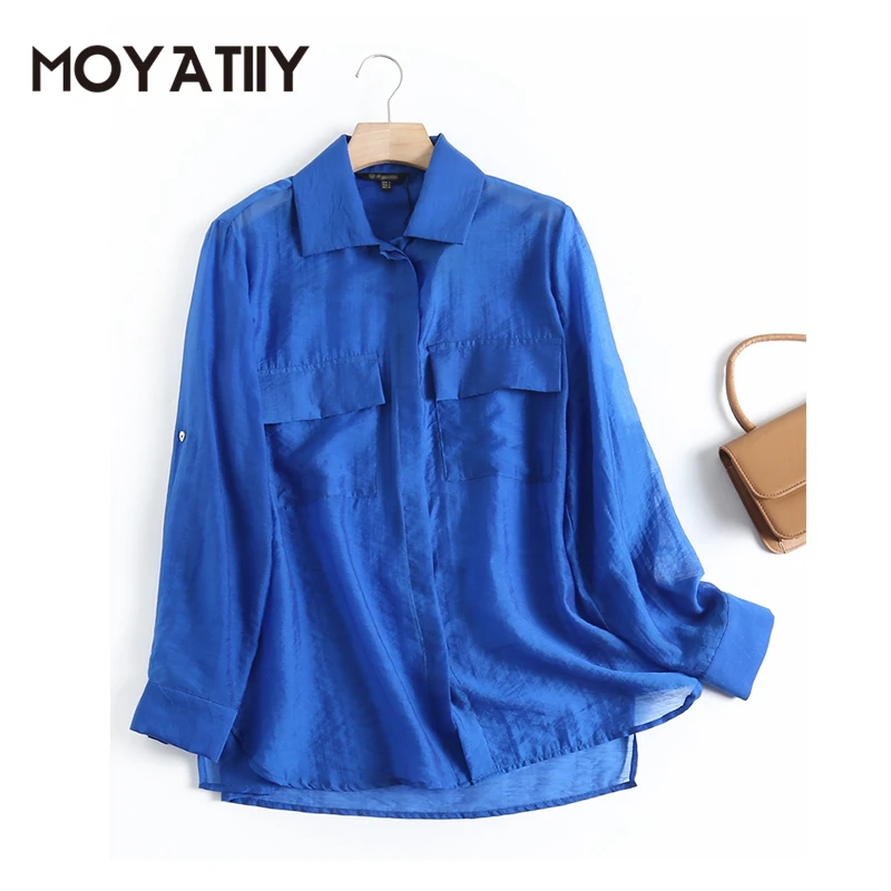 

MOYATIIY Women 2022 Fashion High Quality Shirt Office Lady Translucent Breathable Blouse Shirts Long Sleeve Female Tops