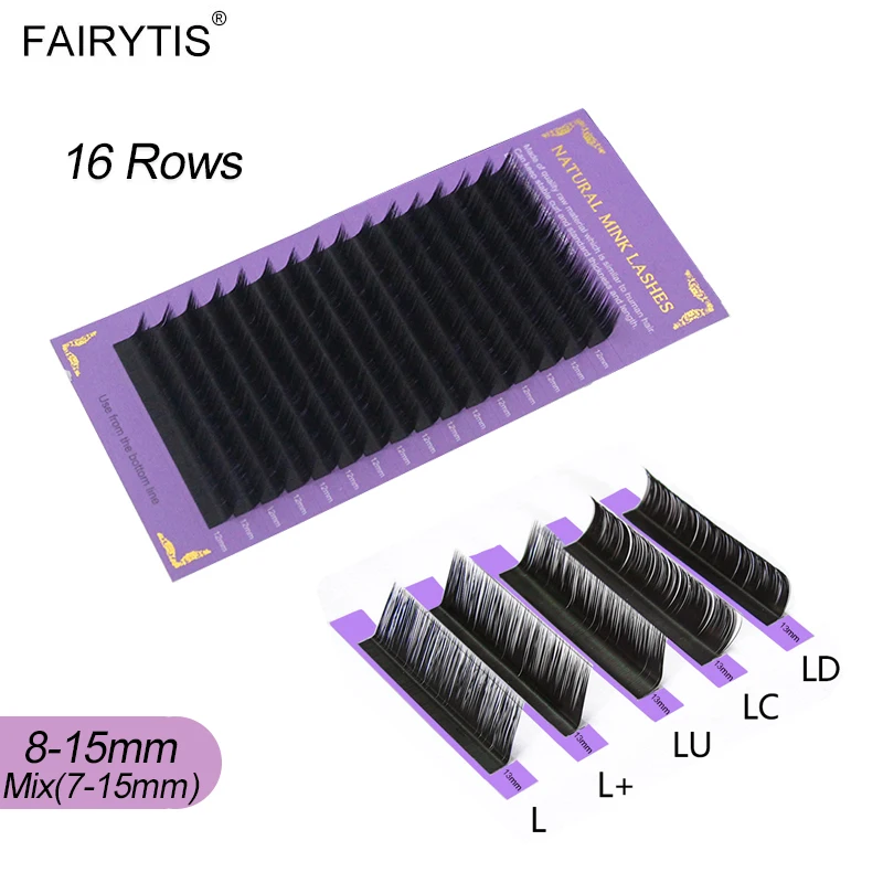 

FAIRYTIS 16rows/case L+/LU/L/LC/LD Curl Individual Eyelashes 7~15mm Mix Black Natural Mink Lashes Extension Soft Makeup