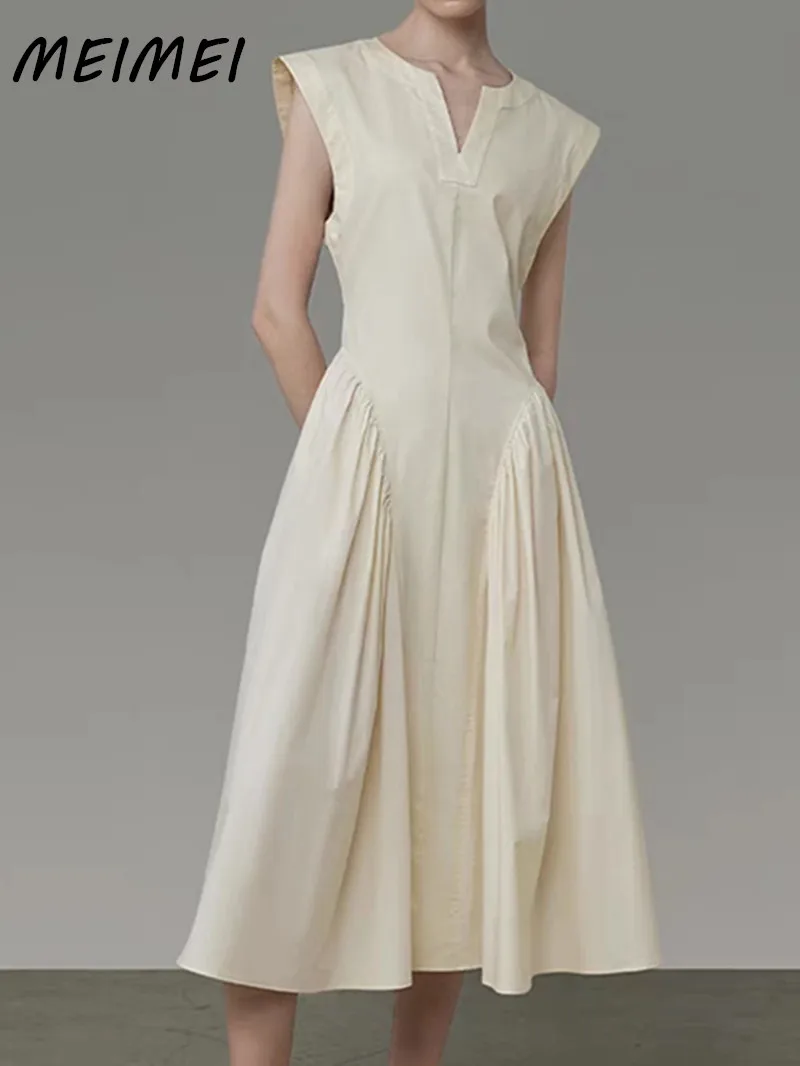 

Casual Solid Color V Neck Sleeveless Patchwork A Line Long Dress for Women Lady Chic Elegant High Waist Slim Summer Dresses