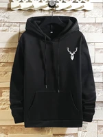 men deer print kangaroo pocket drawstring hoodie