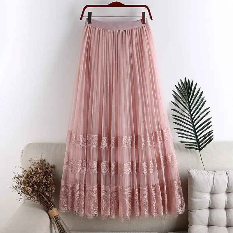 

Vintage Stitching Large Pendulum Cake Skirt Women's New Elastic Waist Thin Medium Length Solid Color Mesh Skirt for Spring B51