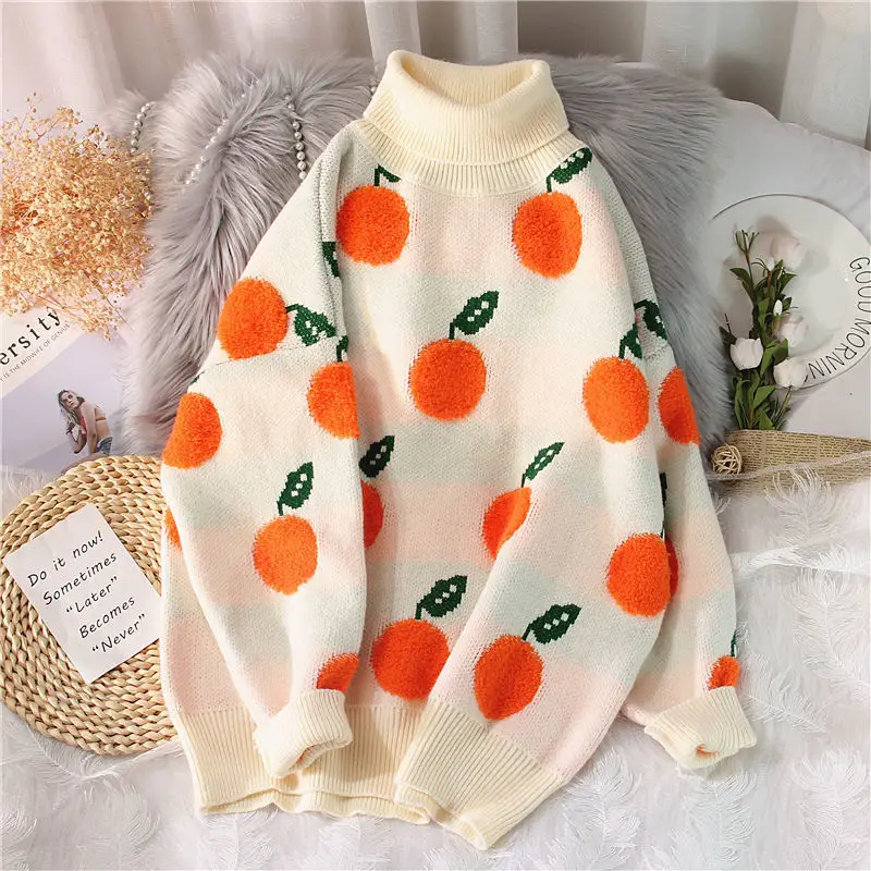 

QNPQYX New Winter Women's Sweaters Pullover Orange Pattern Long Sleeve jumpers Women Turtleneck Knitted Big size Sweater Mujer