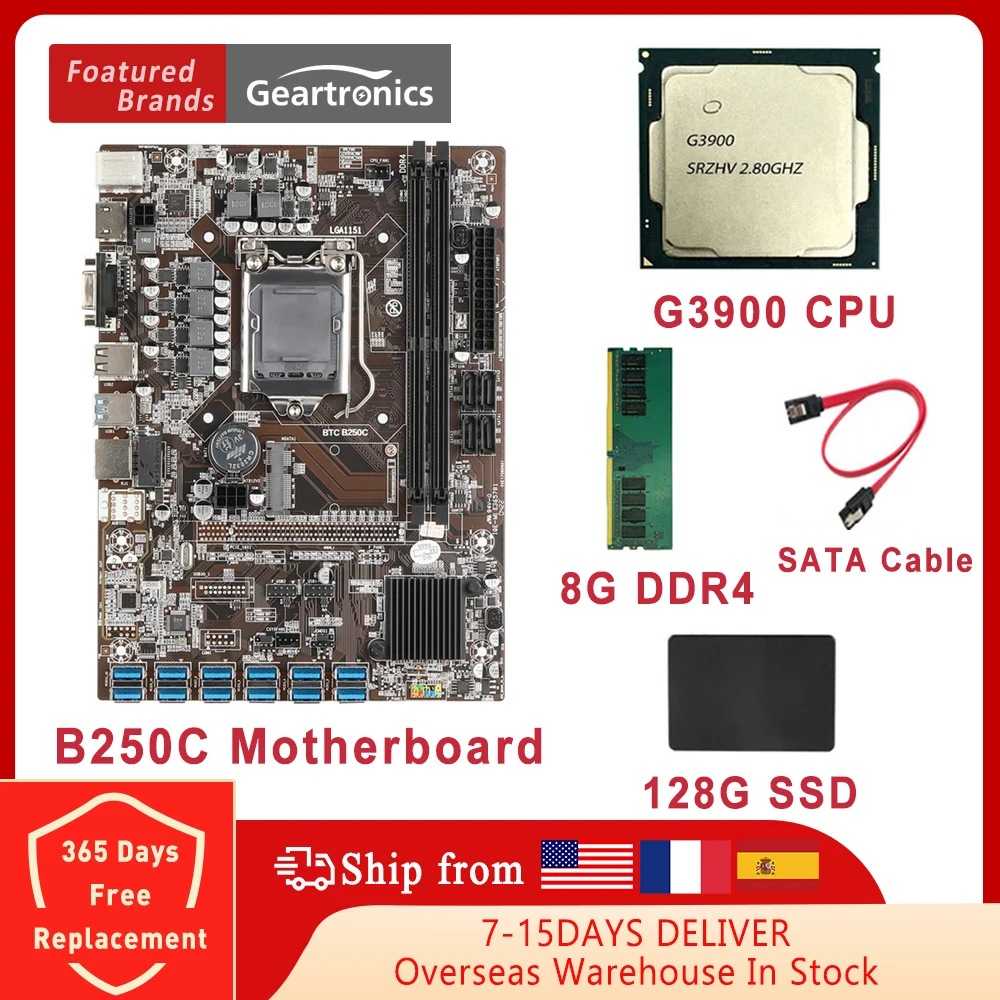 

Материнская плата B250C для майнинга BTC + процессор G3920 + вентилятор + DDR4 4/8 ГБ 2666 МГц ОЗУ + 128G SSD + кабель SATA 12X PCIE в разъем для графической карты USB3.0