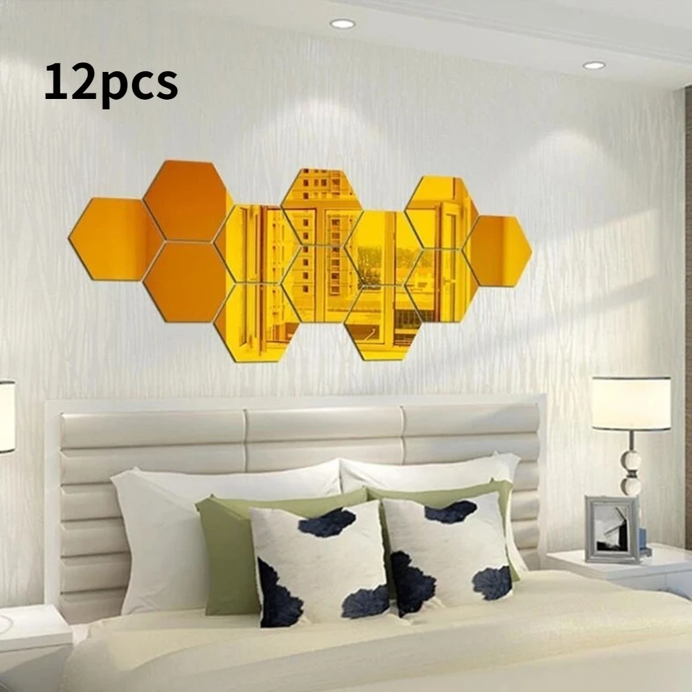 

12pcs Acrylic Mirror 3D Mirror Wall Sticker Hexagon DIY Mural Removable Living-Room Decal Art Ornament Home Bedroom Decoration
