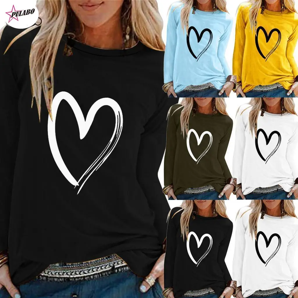 

Women Love Heart Print Blouse O Neck Long Sleeve Casual Shirts Female Loose Top Blusas Mujer