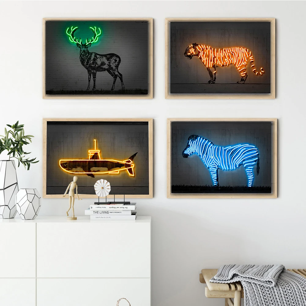 

Neon Style Animal Poster Graffiti Art Print Bull Deer Tiger Zebra Submarine Canvas Painting Wall Pictures Living Room Home Decor