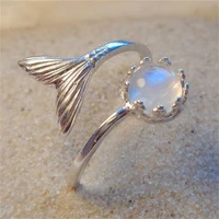 creative design exquisite silver color metal fish tail ring fashion personality women inlaid moonstone open rings gift jewelry