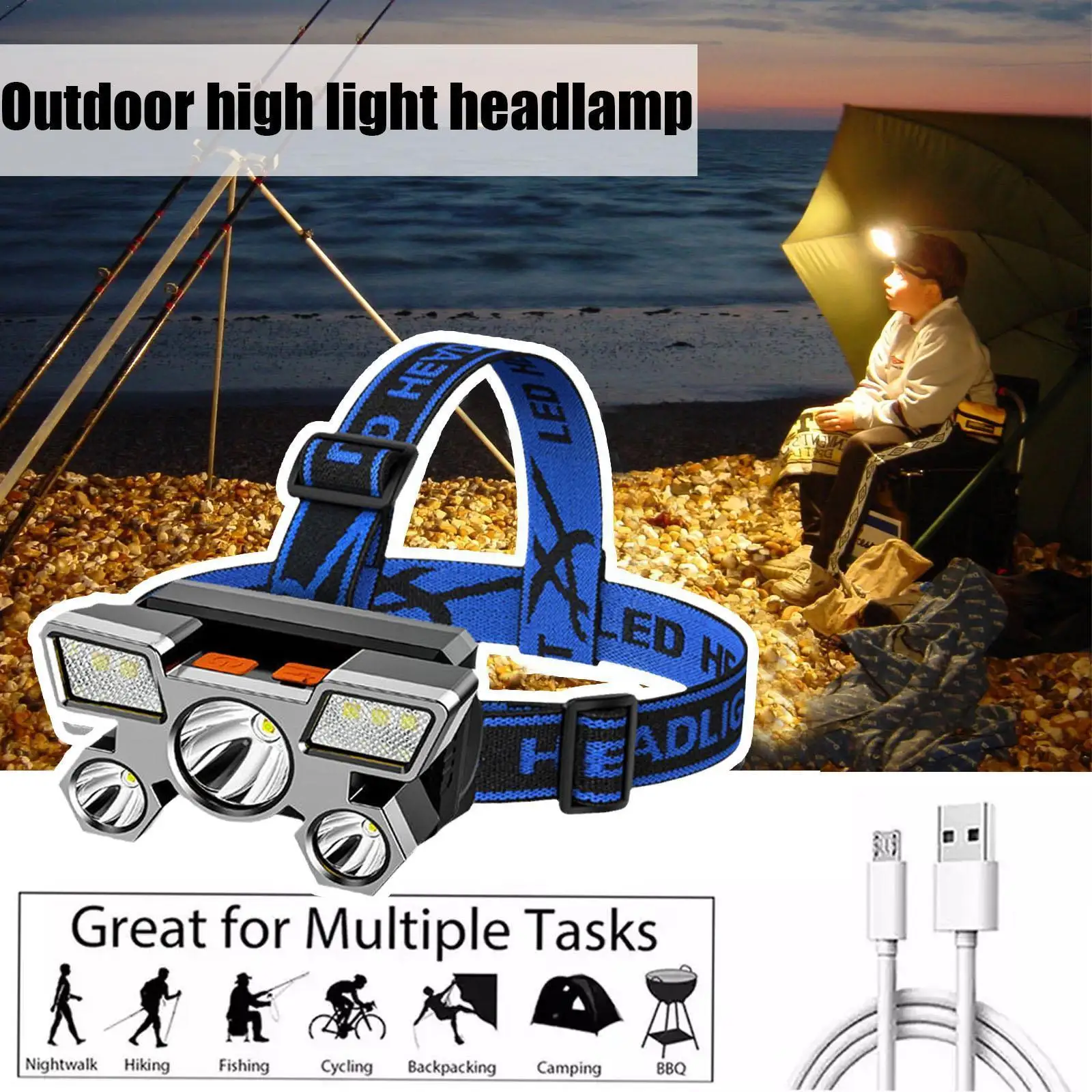 New 5LED USB Rechargeable Portable Flashlight Bright Camping Waterproof Headlamp Headlamp Outdoor C0I4