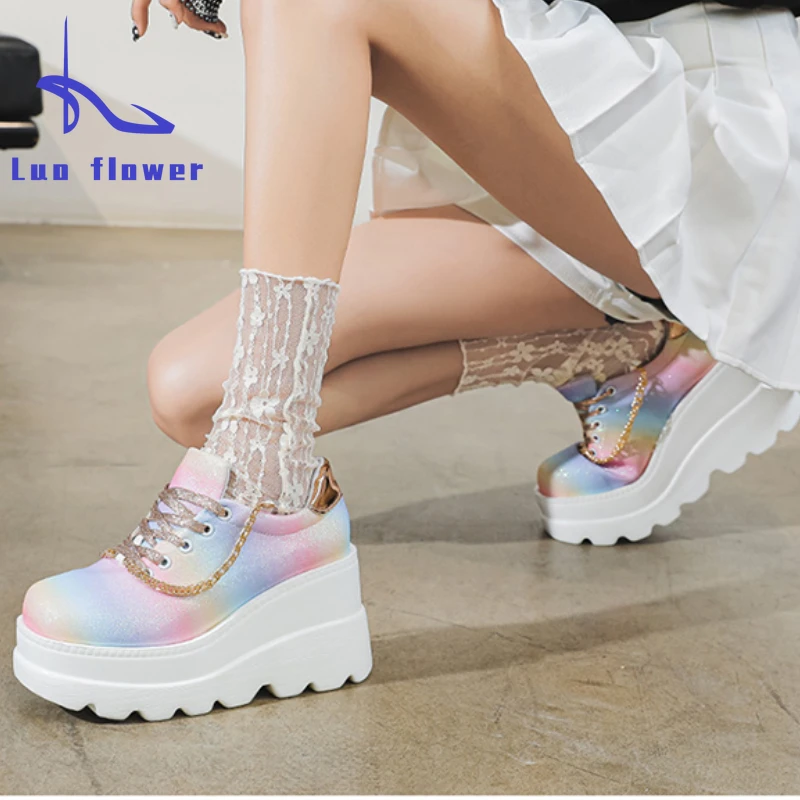 

Thick Sole Wedge Heel Color Womens Sneakers Platform 2022 New Large Size Metal Chain Decorative Lace Casual Ladies Shoes T